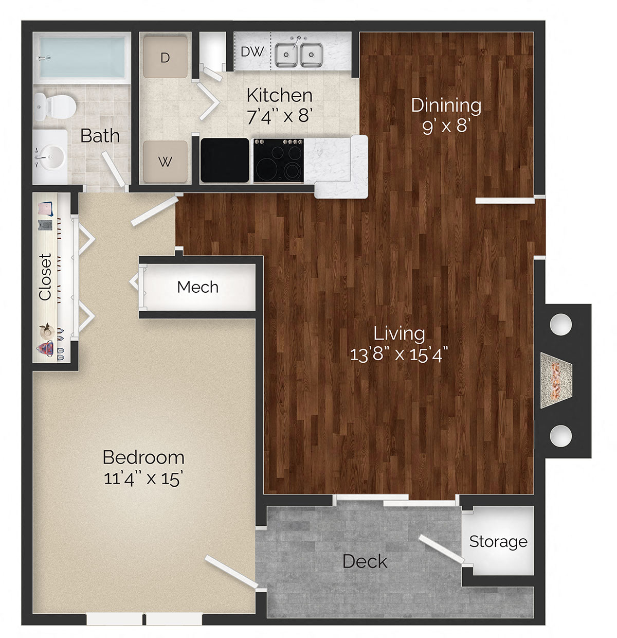 Floor plan for 1 bed, 1 bath, 700 sqft